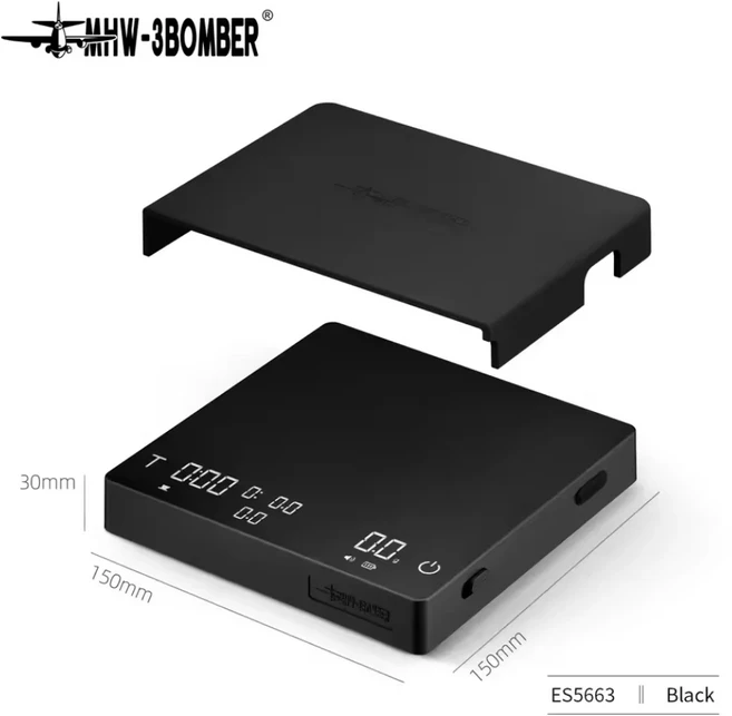 MHW-3BOMBER 큐브 프로 맥스 커피 스케일 3.0 - 고정밀 유량 센서 0.1g/2kg 디지털 주방 저울 확장 배터리, 01 Black 3.0 PSMPS Max