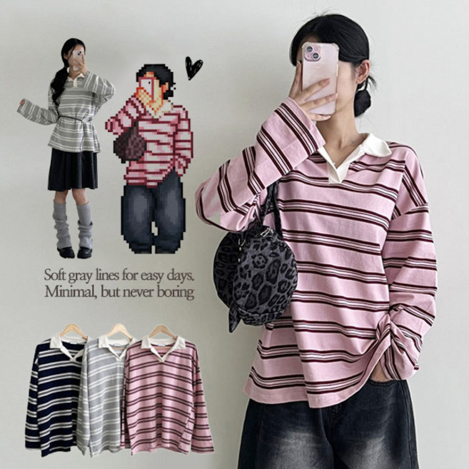 [최저가/인기]캐쥬얼 단가라 오버핏 럭비티 / 세인트럭비스트라이프카라긴팔티DCT