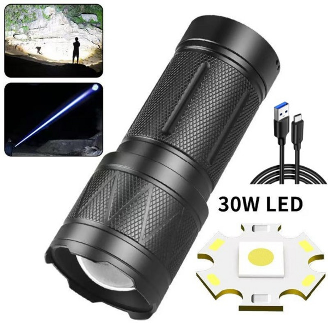 50000LM 매우 밝은 LED 손전등 12000mAh 충전식 줌이 가능한 전술 토치 캠핑 하이킹 비상용 조정 가능한 초점, [02] black, 1개