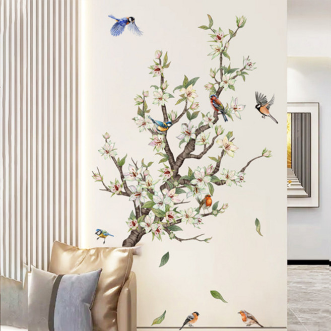 북유럽 감성 꽃나무 새 벽 데코 방 침실 거실 인테리어 스티커 P110