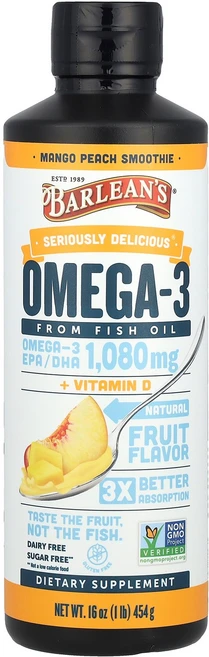 Barlean's Seriously Delicious® Omega-3 From Fish Oil + Vitamin D Mango Peach Smoothie 16 oz 4, Barlean's, Seriously Delicious, 454g - 쿠팡