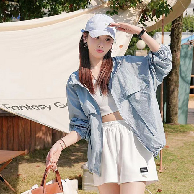 SELEAD 여성 래쉬가드여름 짧은 얇은 래쉬가드 루즈핏 후드 통기 여자, 블루