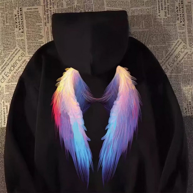 彩色翅膀印花帽T情侶款 男女長袖連帽衛衣