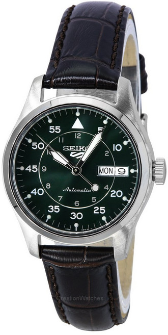 세이코 5 스포츠 GMT Kelly Green Flieger Suit 스타일 가죽 스트랩 자동 SRPJ89K1 100M 남성용 시계