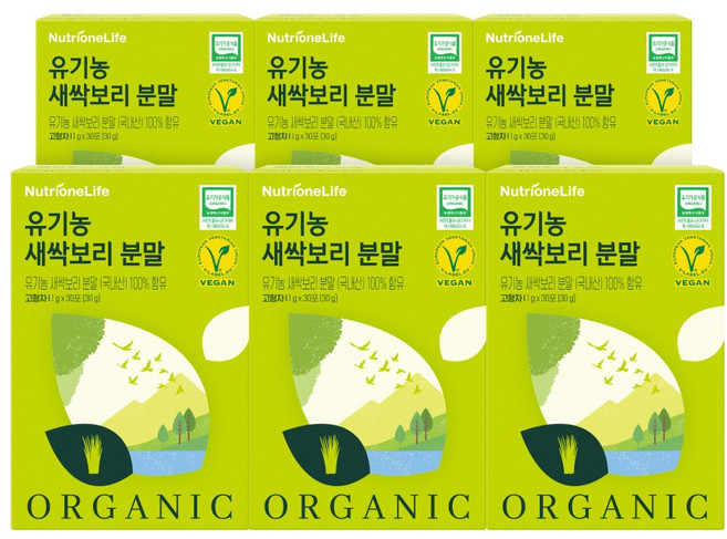 [무료배송/오늘출발] 뉴트리원 프리미엄 유기농 새싹보리 분말 어린잎 쇼핑백 선물세트, 30g, 6개
