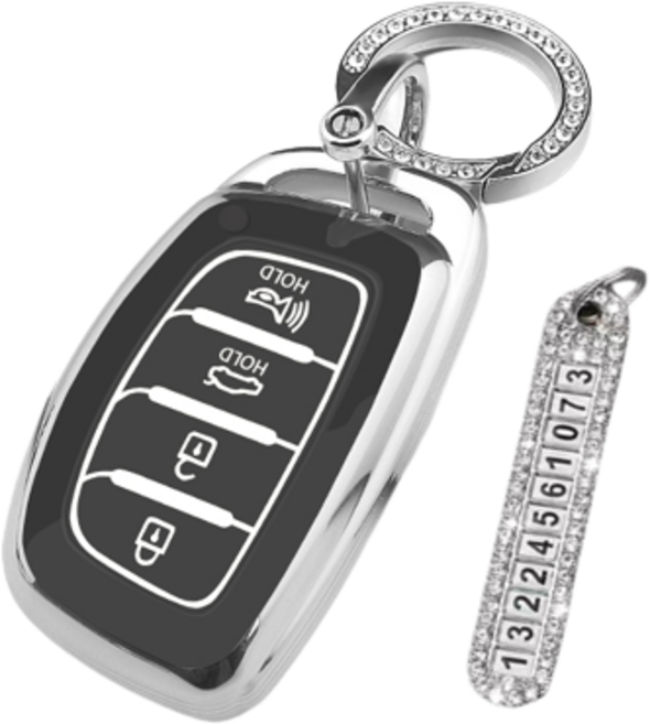 키에티 현대 호환 아반떼AD LF쏘나타 4버튼 실버라인 스마트 차 키케이스 키홀더 + 분실방지 큐빅 전화번호판, 블랙 실버라인