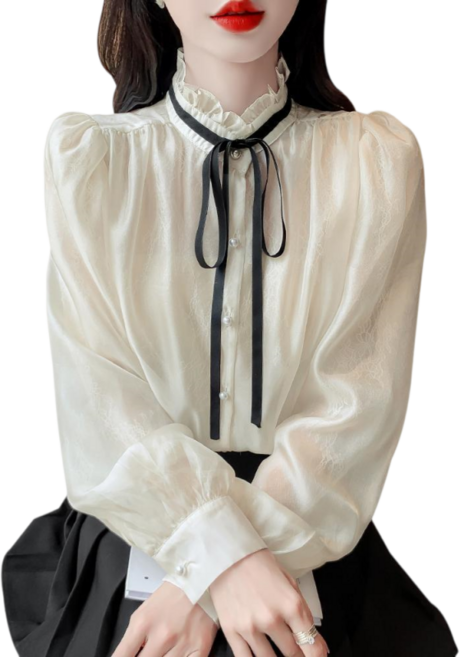 Makone 여성 프렌치 쉬폰 블라우스 넥크라인 레이스프릴 트리밍 리본 끈 풀오버 셔츠 엘레강스 긴팔 블라우스 데일리 상의 퍼프소매