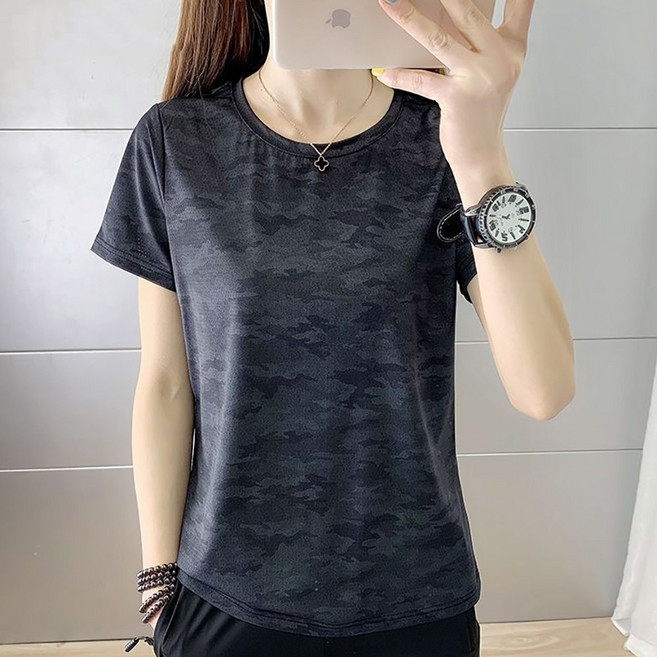 ROYALBELLE 여성 냉감 속건 경량 통풍 라운드넥 카모 패턴 슬림핏 운동 반팔 티셔츠