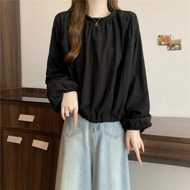 Makone 여성 라운드넥 솔리드 가오리핏 긴팔 상의 프렌치 루즈핏 캐주얼 스타일리쉬 무지 데일리 퍼프소매 블라우스