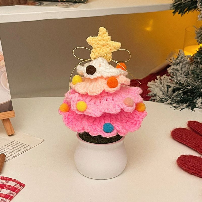 聖誕樹小盆栽成品手工毛綫編織臥室桌麵裝飾小擺件送朋友聖誕禮物, 1個, 漸變粉, 漸變粉