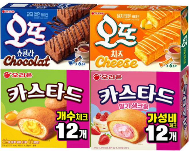 오리온 파이 4종세트 오뜨 쇼콜라 6P+치즈 6P+카스타드 오리지널 12P+딸기생크림 12P, 846g, 1세트