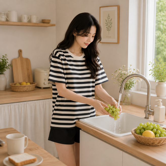 여성 면 100% 여름 스트라이프 반팔 반바지 잠옷 세트 순면 홈웨어 파자마 상하의 세트