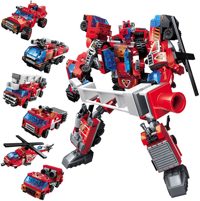 화염전사 6개 세트 계몽 소방차 합체 로보트 블록 어린이 선물 사은 판촉 호환블로 중국블록, 1개