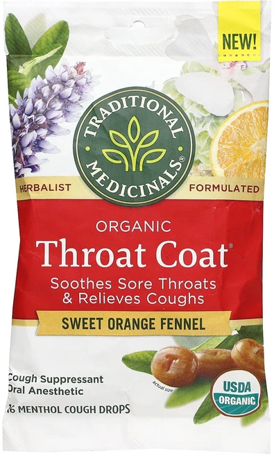 건강챙기세요 Traditional Medicinals 유기농 Throat Coat® 드롭 스위트 오렌지 회향 멘톨 16회 기침 드롭 백살까지오래오래, TraditionalMedicinals유기농Throat, 1개 - 쿠팡