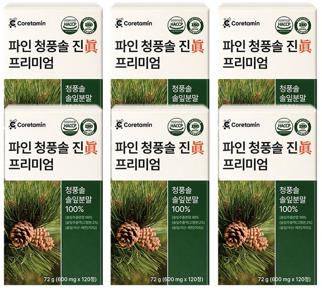 코어타민 파인 청풍솔 진 프리미엄 국산 솔잎 100% 식약청 인증 HACCP 추출물 농축액, 6개, 120정