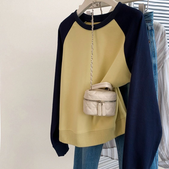 빅사이즈 여성 투톤 나그랑 라운드 맨투맨 봄 가을 루즈핏 풀오버 긴팔 티셔츠 상의