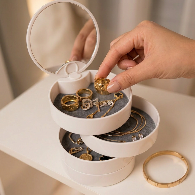담하온 4단 회전 쥬얼리 보관함 거울 악세사리 정리함, 1개, 화이트