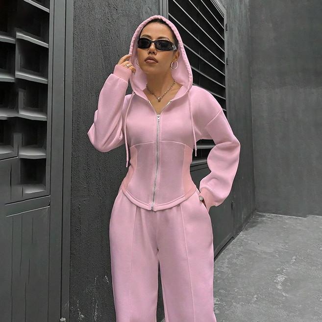 FANSYLI 봄가을 캐주얼 트레이닝 세트 여성 후드집업+스포츠 와이드팬츠 투피스 패션 통근 트레이닝 상하세트 W2508A08