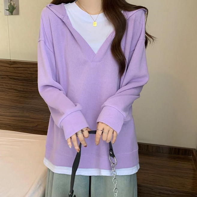 드마엘_오디스 여성 레이어트 페이크 투피스 후드 맨투맨 (5color) 데일리 베이직 긴팔티