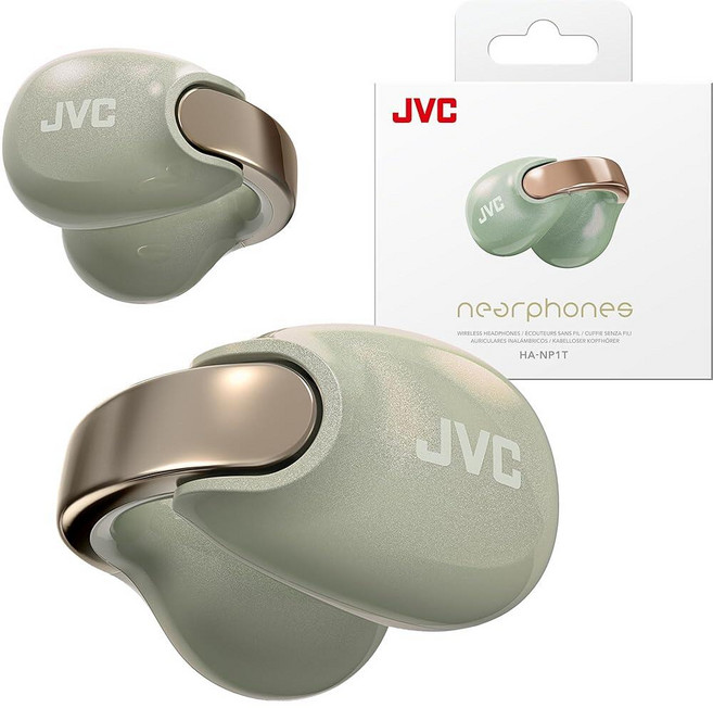 JVC Nearphones 펄 에디션 - 반짝이는 아치가 있는 이어커프 트루 와이어리스 이어버드 편안한 핏 멀티포인트 연결 블루투스 5.3 24시간 배터리 수명 - HA, Open-Ear, 솔티 올리브