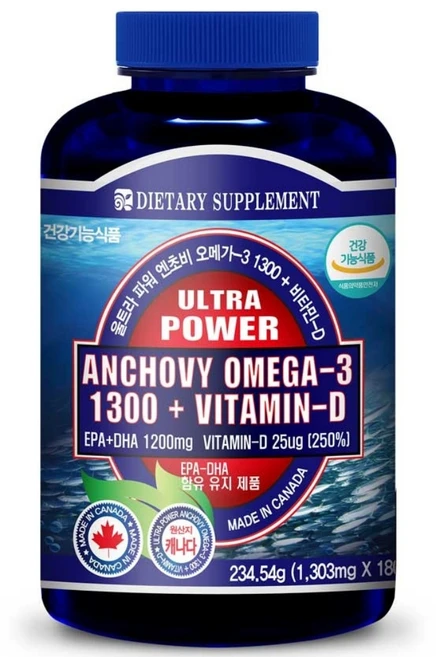 내츄럴365 캐나다 울트라 파워 엔초비 오메가3 1300 비타민D ( 6개월분), 180정, 1개 - 쿠팡