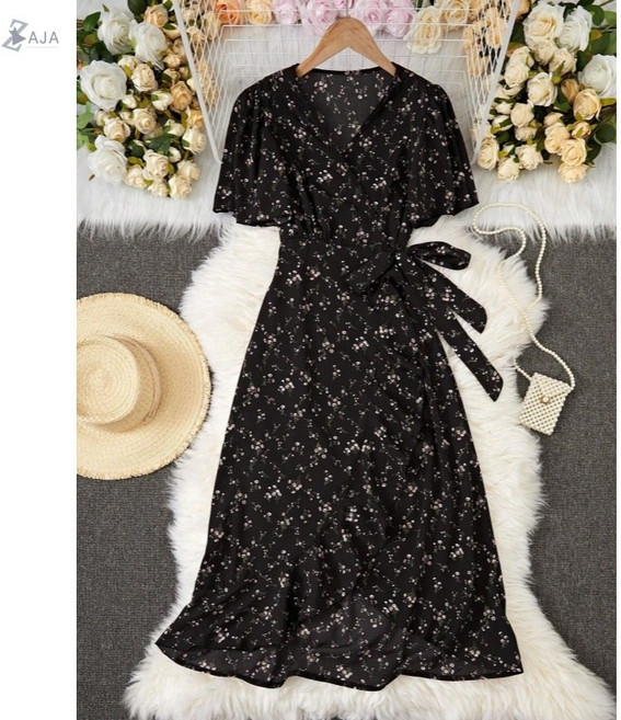 ZAJA 여성 여름 화사한 플라워 랩 원피스 브이넥 슬림핏 퍼프소매 롱 바캉스룩