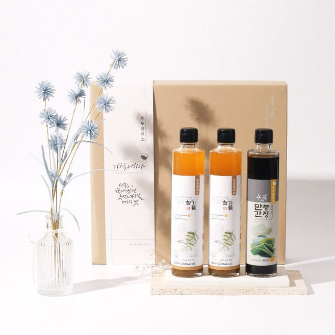 농부플러스 들기름 참기름 만능간장 식초 3병 선물세트, 저온압착 참기름 2병+만능다시마간장, 1세트