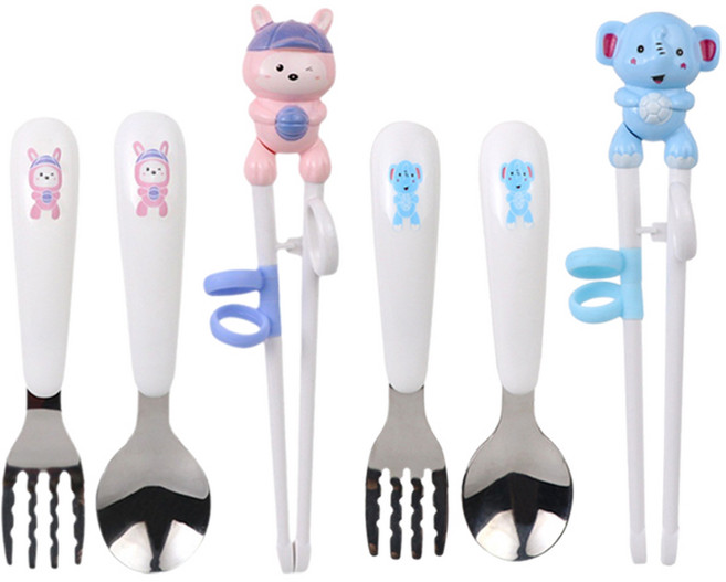 1+1 유아 수저 세트 케이스 포함 교정 젓가락 숟가락 포크 유아동 연습 용 귀여운 캐릭터 실리콘 링 아기 아동 어린이 식기, R99768I(토끼+코끼리, 2개, 스푼+포크+젓가락+케이스