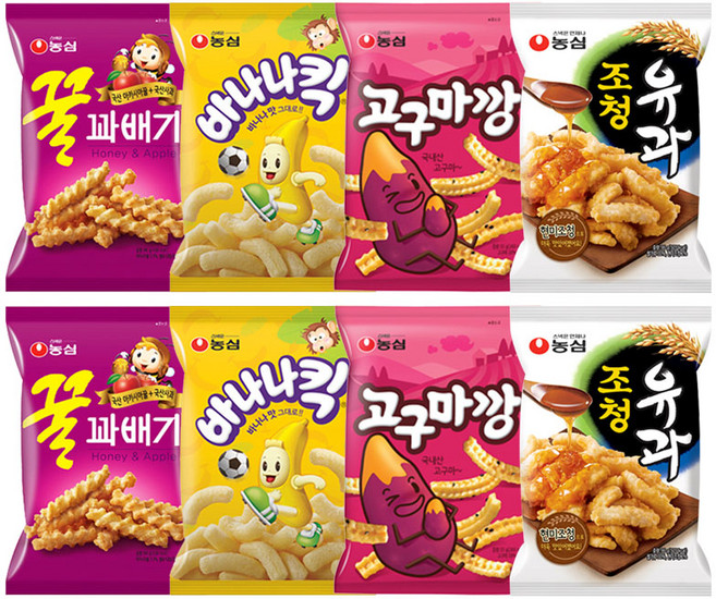 [조한스토어] 농심 꿀꽈배기 + 바나나킥 + 고구마깡 + 조청유과 2개 묶음 세트 스낵 모음 봉지과자, 1세트, 688g