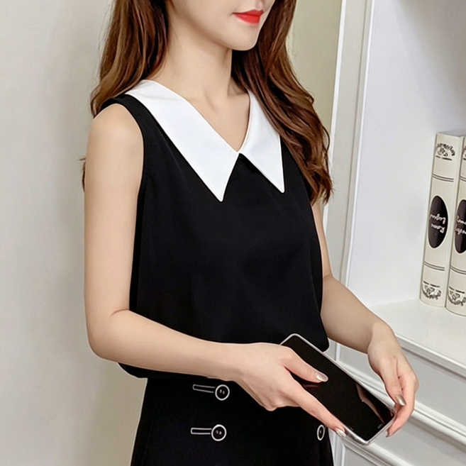 슬림소녀 여성 여름 민소매 블라우스 리본 섹시 셔츠 탑