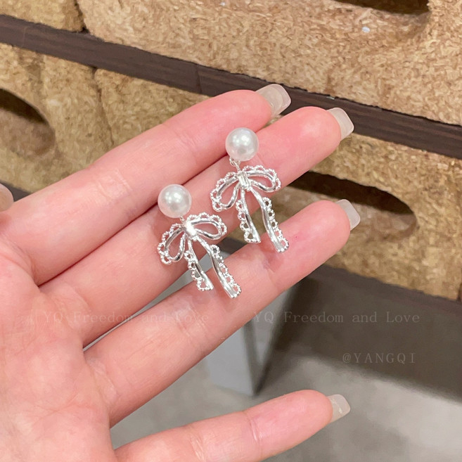 DFMEI 蕾絲花邊蝴蝶結珍珠耳環女輕奢高級感銀針耳釘後掛式小衆精緻耳飾