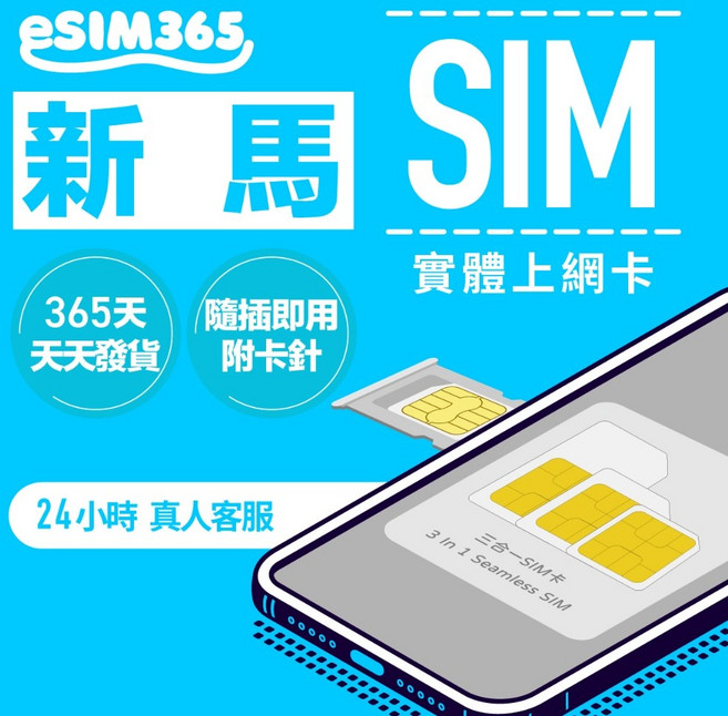 esim365 新馬 SIM 實體上網卡 隨插即用, 1個, 【總量型方案】總共3GB,3天