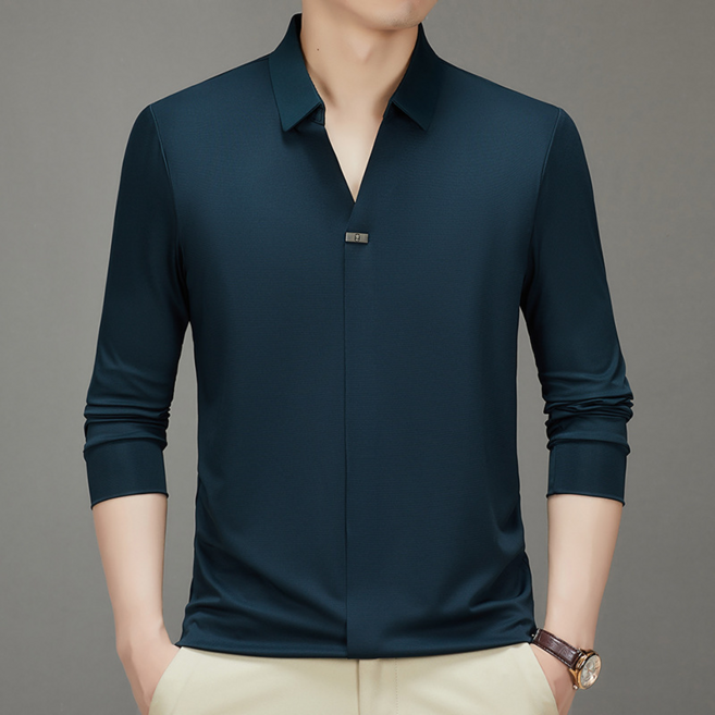 남성용 V넥 사계절 베이직 스판 셔츠 캐주얼 셔츠 구김 없는 편안한 긴팔 상의