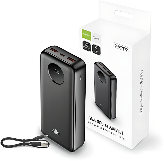 알로코리아 고속충전 보조배터리 C타입 20000mAh, allo2007PD, 블랙