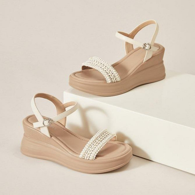 7cm 고급 키높이 소가죽 웨지 샌들 가보시 스트랩 여름 휴양지 샌달