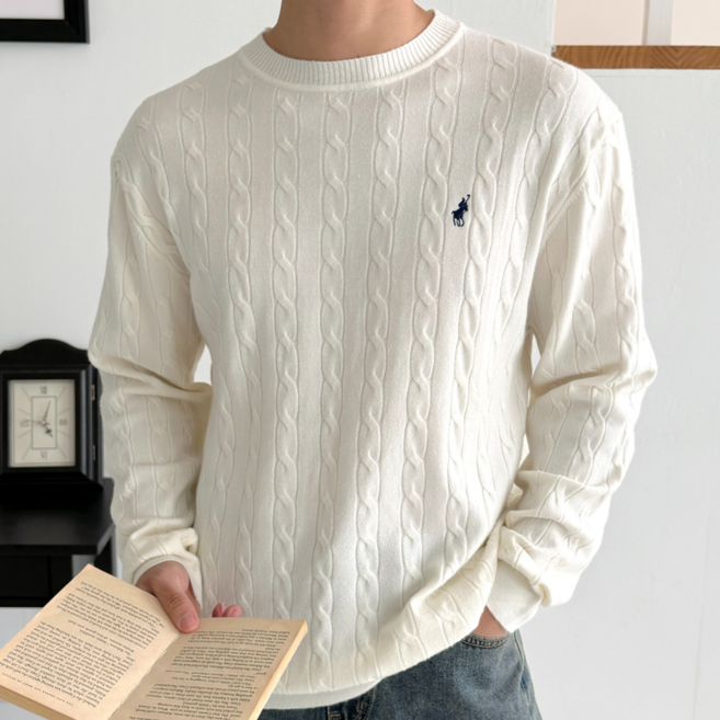 [ATTO CLUB] 남성 클래식 케이블 꽈배기 라운드 니트 부드러운 봄 가을 긴팔 니트 스웨터 세미 오버핏