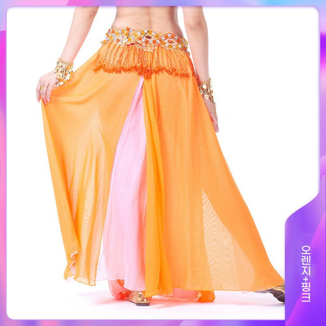 couyor 성인밸리댄스복치마 양 트임 시폰 스커트 벨리댄스 섹시 스커트 댄스 스커트 밸리댄스 퍼포먼스 스커트 벨리댄스복 하의, 오렌지+핑크