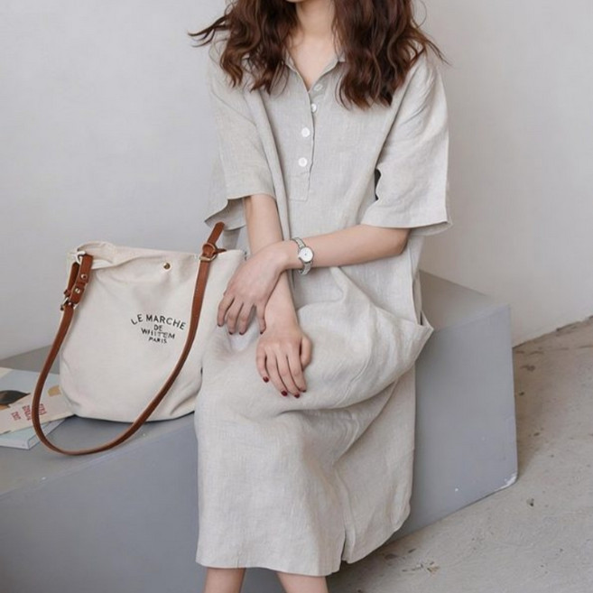 ZAJA 여성 린넨 원피스 루즈핏 카라넥 여름 심플 데일리