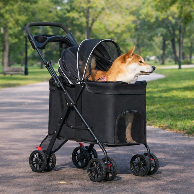 애견 유모차 저상형 반려동물 접이식 중형견 개모차, 1개, 블랙