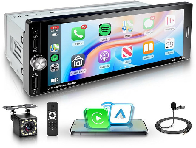 카 스테레오 싱글 딘 무선 카플레이 6 9인치 터치스크린 안드로이드 오토 블루투스 5 2 미러 링크 FM /EQ USB /AUX /TF /SWC /MIC 카 오디오 수신기 백업, 4 Wireless Carplay Android aut