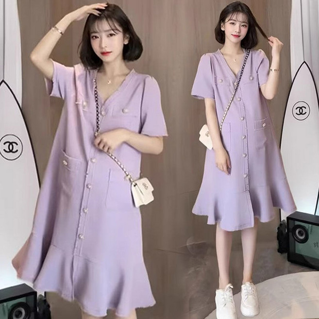 여름 임부 미니 원피스 반소매 브이넥 단추 장식 캐주얼 플레어 원피스 JS
