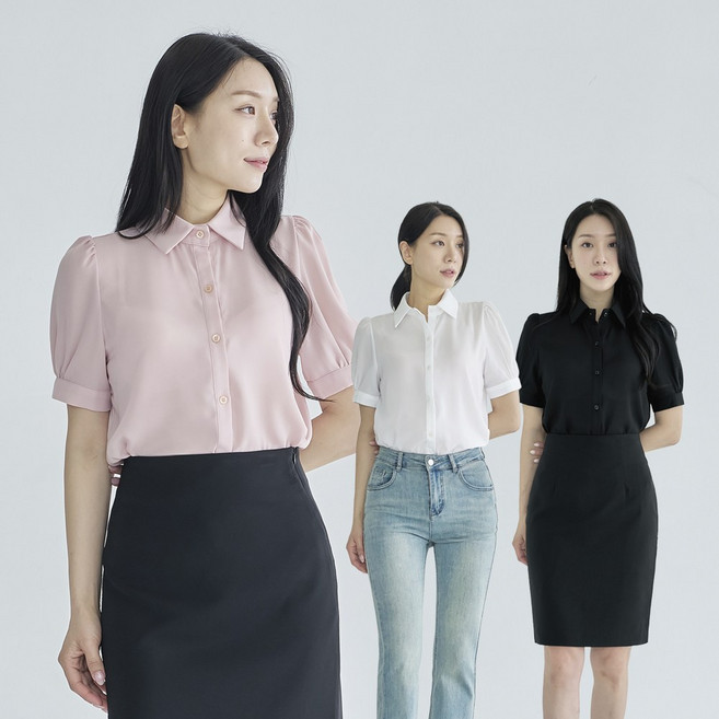 더웨이나인 여성 반팔 블라우스 벌룬 소매 카라 기본 퍼프 반팔