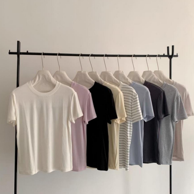 여성 여름 반팔 티셔츠 모달 실크 텐셀 울 혼방 시원하고 얇은 페이스팩 티셔츠 슬림 핏