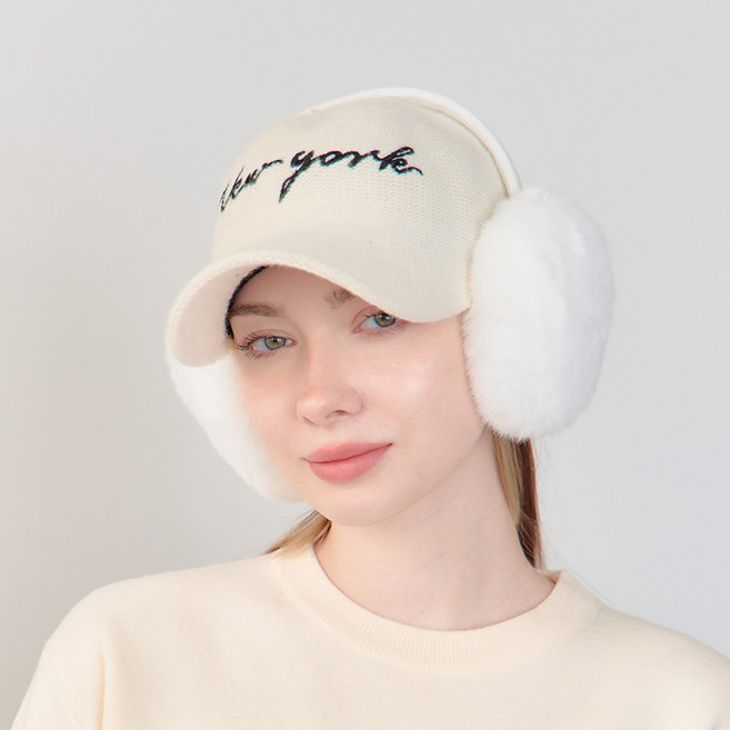 [MM스포츠]여성 겨울 페이크 퍼 방한 접이식 골프 귀마개, 화이트