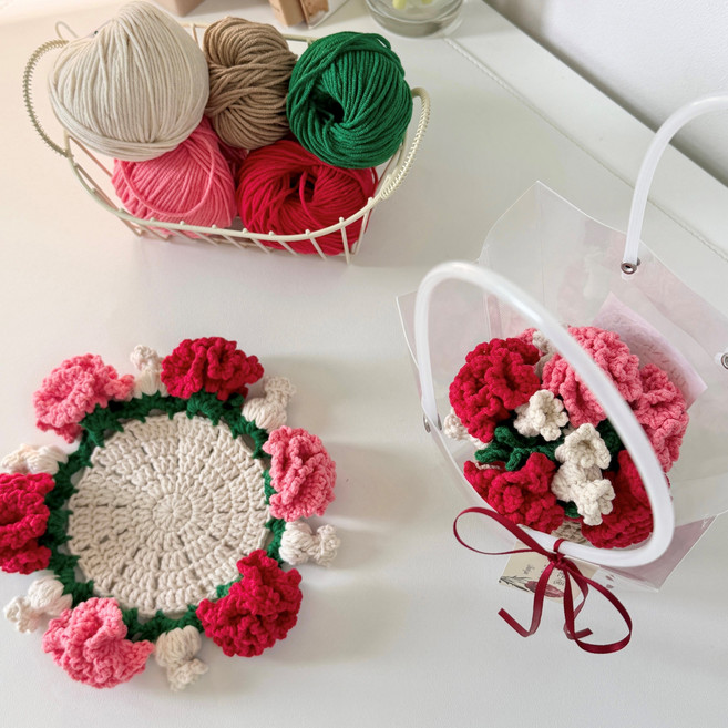 [숩니공방] 코바늘 DIY 카네이션 티 코스터 & 화분 만들기 (5월 가정의달 어버이날 스승의날 선물), A세트(1개 만들기/포장 미포함), 1개
