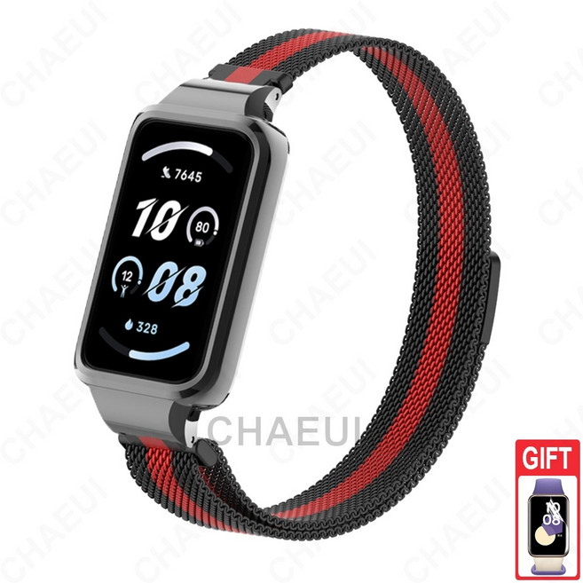 榮耀手環9 適用 金屬錶帶 磁吸錶帶 替換錶帶 Honor Band 9 米蘭不鏽鋼錶帶, 1個, 黑紅,Honor Band 9, 黑紅