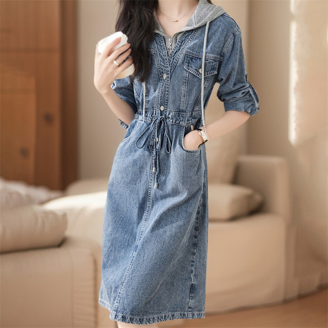 AOKADA 여성 봄 가을 슬림핏 후드 반집업 레이어드 데님 원피스 A라인 캐쥬얼 청원피스