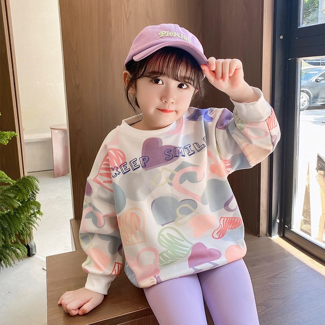 兒童繽紛笑臉長袖上衣 女童圓領塗鴉愛心衛衣