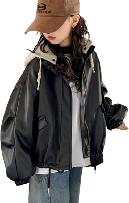 삐삐네옷가게 초등 여아 키즈 샤이니 후드 가죽 자켓