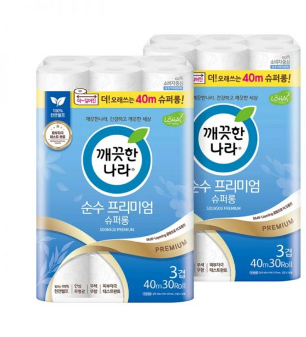 깨끗한나라 순수 프리미엄 슈퍼롱 40m x 30롤 x 2, 1개